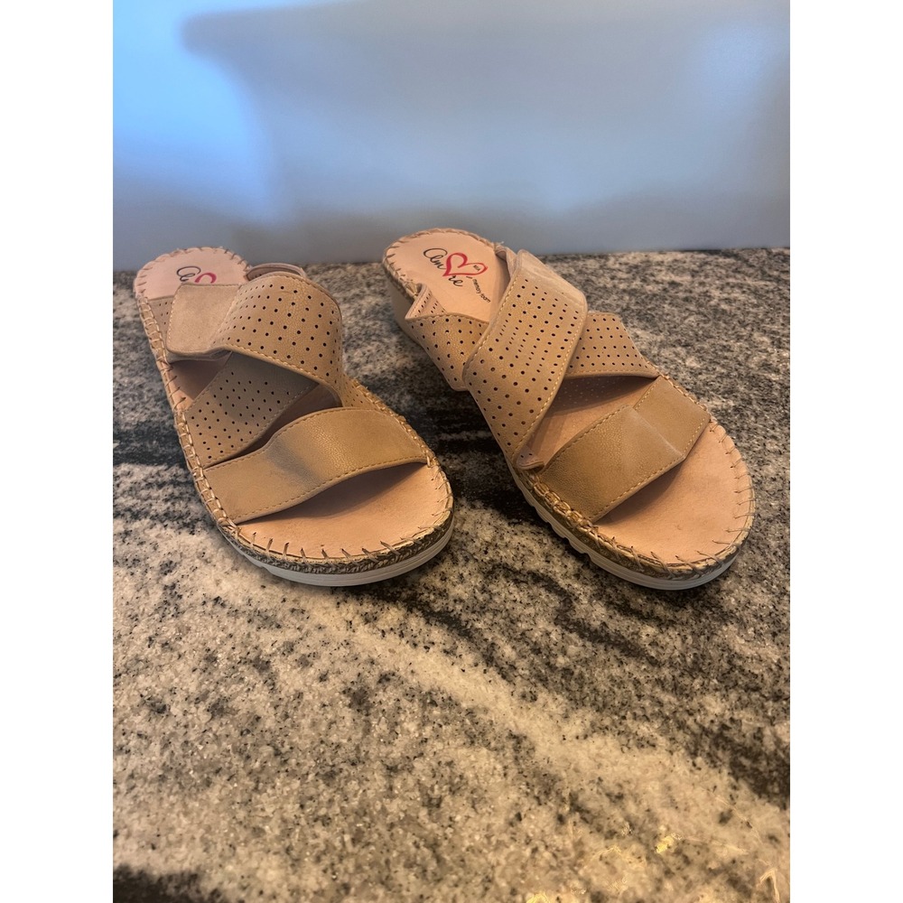 MIA Amore Wedge Sandals Women 8.5 Tan Good Perforated Memory Foam Slip On